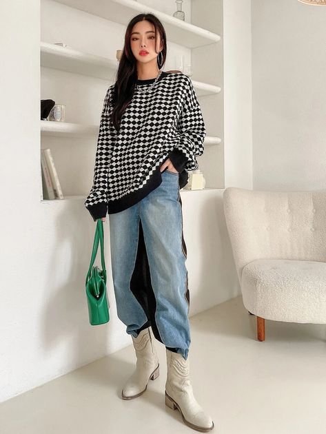 DAZY Checker Pattern Drop Shoulder Sweater | SHEIN USA Checkered Sweater Crochet, Wednesday Checkered Sweater, Checkerboard Crochet Sweater, Checker Sweater, Pink Checkered Sweater, Black And White Checkered Sweater, Checker Pattern, Drop Shoulder Sweater, Women Sweaters