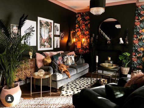 Black And Jewel Tone Living Room, Edgy Glam Decor, Moody Maximalist Pink, Tropical Goth Decor, Moody Maximalism, Moody Maximalist, Burgundy Living Room, Maximalist Living Room, Moody Living Room