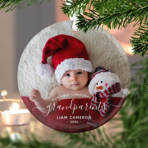 Grandparents First Christmas Photo White Script Glass Ornament Humorous Christmas Cards, Elegant Handwriting, Personalized Gifts For Grandparents, First Grandchild, Grandparents Ornament, First Christmas Photos, Handwriting Script, White Gradient, Christmas White