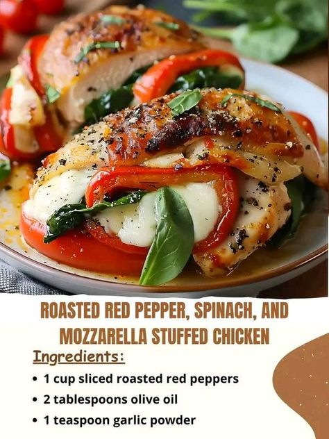 Jamie Oliver Recipes | Roasted Red Pepper, Spinach, and Mozzarella Stuffed Chicken | Facebook Stuffed Recipes, Mozzarella Stuffed Chicken, Spinach And Mozzarella, Mozzarella Chicken, Air Fry Recipes, Chicken Stuffed, Jamie Oliver Recipes, Roasted Red Pepper, Stuffed Chicken