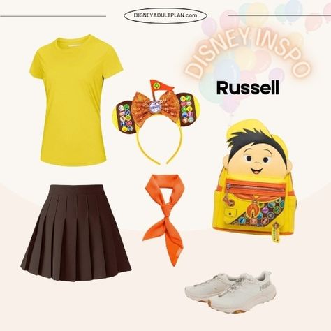 🌟🎈Explore Disneyland's Pixar Fest like a true Wilderness Explorer with this perfect Disney bounding Russell outfit! 🌟🏕️ ✨ Disney Bounding Outfit Details ✨ 🔸 Yellow T-Shirt: Bright and cheerful, just like Russell from Up! 🔸 Brown Tennis Skirt: Comfortable and stylish for a day of adventure at Disney. 🔸 Wilderness Explorer Mickey Ears: Complete with the iconic Wilderness Explorer badge. 🔸 Loungefly Disney Pixar Up Russell Cosplay Women's Mini Backpack: The perfect accessory to carry all your ... Up Disneybound, Brown Tennis Skirt, Russell From Up, Russel Up, Brown Tennis, Pixar Fest, Wilderness Explorer, Disney 2024, Disney Pixar Up