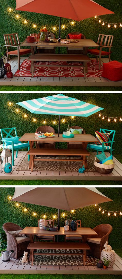 Lights, rugs, pillows, umbrellas. By adding a few choice accessories and your own touch of style, your patio will be ready for summer entertaining fun. Target Outdoor Furniture, Target Outdoor, Backyard Accessories, Outdoor Furniture Dining, Ideas Terraza, Red Umbrella, Outside Living, Summer Entertaining, Dream Backyard