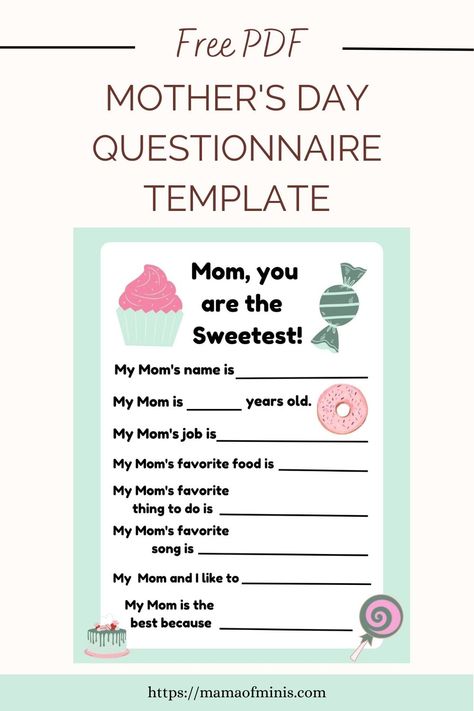 Free PDF Mother's Day Questionnaire Template Mother’s Day Printable Questions, Mothers Day Questions For Preschoolers, Mothers Day Questionnaire Free Printable, Mothers Day Questionnaire, Mother's Day Template, Mom Life Quotes Funny, Questionnaire Template, Day Template, Homemade Mothers Day Gifts