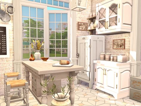 The Sims Resource - Freya Kitchen - CC Sims 4 Cozy Kitchen Cc, Sims 4 Stove Hood, French Apartment Kitchen, Sims 4 Cc Kitchen, Sims4 Lots, Modern Wood Kitchen, Cc Packs, Sims 4 Kitchen, Fall Cottage