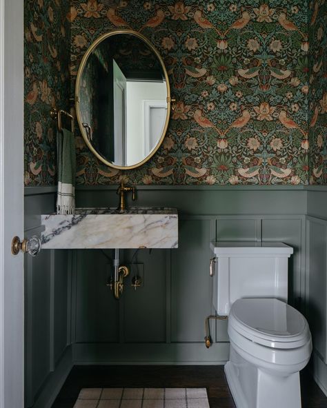 Small Victorian Bathroom, Strawberry Thief Wallpaper, Guest Washroom, Thief Wallpaper, Half Bath Wallpaper, Small Powder Room Wallpaper, Moody Powder Room, Small Downstairs Toilet, The Thieves