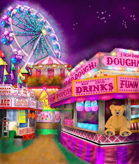 Fun Fair Images, Carnival Background Aesthetic, Amusement Park Painting, Fair Wallpapers, Carnival Aesthetic Night, Fair Drawings, Kawaii Carnival, Amusement Park Poster, Carnival Core