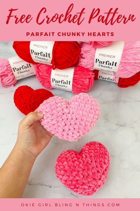 Hand Crochet Heart Pillow, Crocheted Valentine Hearts, Parfait Yarn Crochet Patterns, Conversation Heart Crochet, Chunky Knit Heart Pillow Diy, Crochet Heart Plush Pattern Free, Crochet Amigurumi Heart Free Pattern, Heart Shaped Crochet Pillow, Crochet Heart Plush Pattern