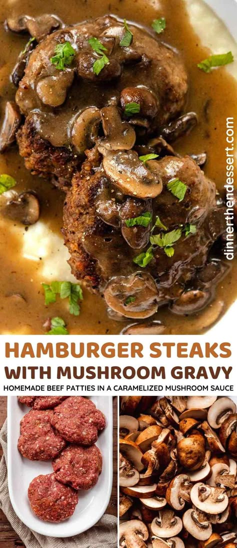 Hamburger Steaks with Mushroom Gravy are delicious and comforting, with beef patties simmered to perfection in a caramelized mushroom sauce. Sauce For Hamburger Patties, Hamburger Steaks With Mushroom Gravy, Beef And Mushroom Recipe, Hamburger Steak Recipes, Hamburger Steak And Gravy, Hamburger Gravy, Meat Entrees, Hamburger Steaks, Mushroom Gravy Recipe