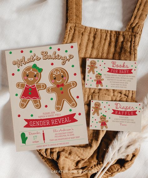 "Everyone will love this adorable What's Baking Gender Reveal Invite set! You will love how easy it is to edit and print! This design features an adorable gingerbread boy and girl with red and green candies - perfect for your Winter or Christmas time gender reveal!  The fonts are in a delicious baked frosting and holiday bakery styles. You will love how easy this editable template it is to edit, download and print (or text!). Invite, thank you card, diaper raffle, and books for baby cards included! No special software required! Easy to edit and print! PLEASE NOTE: This purchase is for a digital template. No physical item will be shipped. * * * * * TRY BEFORE YOU BUY * * * * * https://www.corjl.com/d/3EA8 * * * * * MATCHING ITEMS * * * * * For all of our beautiful coordinating items, go to Christmas In July Gender Reveal, Ginger Bread Gender Reveal Ideas, Christmas Time Gender Reveal Ideas, Ginger Bread Gender Reveal Theme, Gender Reveal Ideas December, What’s Baking Gingerbread Gender Reveal, Gender Reveal Ideas For Party Winter, Christmas Theme Gender Reveal Ideas, Gingerbread Baby Shower Ideas