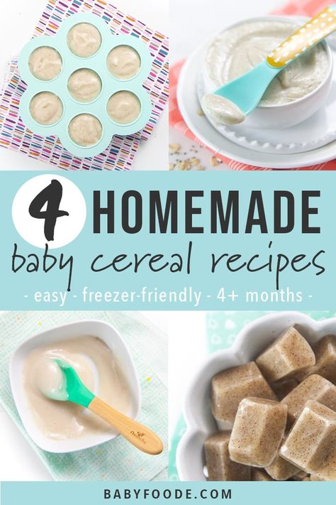 4 Homemade Baby Cereals - easy recipes that are made with simple and wholesome ingredients! Brown Rice, Oat, Quinoa and Multi-Grain Baby Cereals for the win! Are freezer-friendly, full of essential nutrients for growing baby and perfect for baby's first bite! 4 months and up. #babycereal #homemade #4month #babyfood Baby Cereal Recipes, Homemade Baby Cereal, Rice Cereal Baby, Baby Oatmeal Cereal, Easy Homemade Baby Food, 6 Month Baby Food, Homemade Cereal, Easy Baby Food Recipes, Baby Cereal