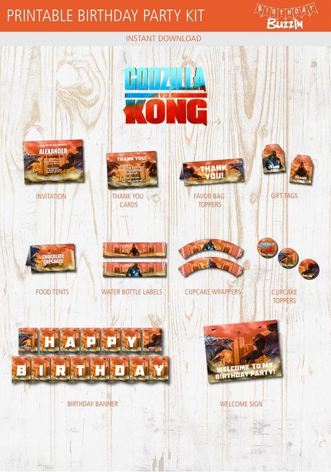 Godzilla vs King Kong Birthday Party Printable Kit | Birthday Buzzin Godzilla Vs Kong Party Ideas, Godzilla King Kong Birthday Party, King Kong And Godzilla Birthday Party, Godzilla Birthday Party Invitation, King Kong Vs Godzilla Birthday Party, King Kong Vs Godzilla Birthday Party Decorations, Godzilla X Kong The New Empire Poster, Godzilla Party, Godzilla Birthday Party