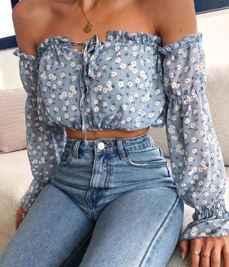 Ruffle Hem Blouse, Short Blouses, Floral Print Chiffon, Outfit Look, Long Puff Sleeves, Chiffon Shirt, Crop Blouse, Casual Blouse, Long Sleeve Crop Top