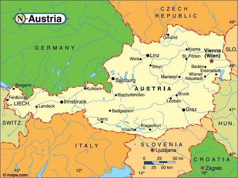 Detailed map  Austria Austria Map, Feldkirch, Graz Austria, Europe Holidays, Tourist Map, Salzburg Austria, Austria Travel, Printable Maps, Country Maps