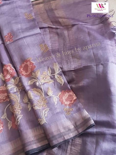 Muga silk Saree with embroidery. Contact -Weaves & hues by Aparna on 9673991965 #handloom #sarees #silk #handwoven #embroidery Muga Silk Saree, Muga Silk, Concrete Staircase, Banaras Sarees, Saree Floral, Bamboo Decor, Cotton Saree Designs, Block Print Saree, Concrete Stairs