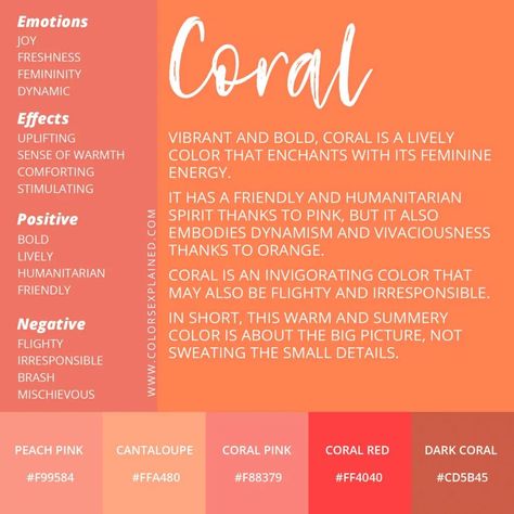 Peach Colour Meaning, Coral Branding Palette, Coral Color Pallete, Coral Crystal Meaning, Coral Mood Board, Coral Quotes, Coral Branding, Coral Meaning, Vibrant Academia