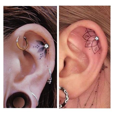 Ear Tattoo With Piercing Flowers, Chakra Ear Tattoo, Ear Flower Tattoo With Piercing, Small Inner Ear Tattoos For Women, Simple Ear Tattoos For Women, Upper Ear Tattoo, Ear Tattoos And Piercings, Pretty Ear Tattoos For Women, Flower Ear Tattoo With Piercing