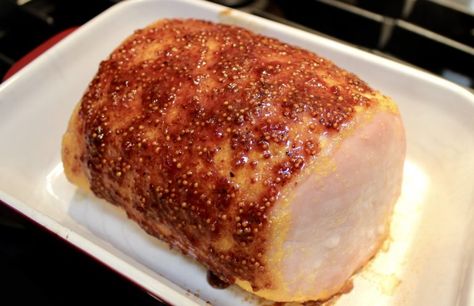 Roasted Peameal Bacon | Old Cut Kitchen | with a jam and mustard glaze Air Fryer Peameal Bacon Roast, Air Fryer Peameal Bacon, Peameal Bacon In Air Fryer, Peameal Bacon Recipes, Peameal Bacon Roast, Bacon Dinner Ideas, Cured Pork Loin, Canadian Bacon Recipes, Salmon Dinner Ideas