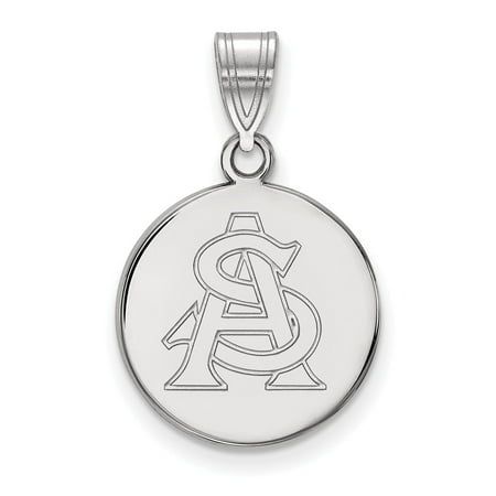 Sterling S. Rh-p LogoArt Arizona State University Medium Disc Pendant, LogoArt, Collegiate, Arizona State University, Material: Primary - Purity:925|Finish:Polished|Length of Item:22 mm|Plating:Rhodium|Charm/Element Length:16 mm|Charm/Element Width:15 mm|Licensed By:NCAA|Manufacturing Process:Laser Cut|Material: Primary:Sterling Silver|Width of Item:15 mm|Product Type:Jewelry|Jewelry Type:Pendants & Charms|Bail Width:4 mm|Material: Primary - Color:White|Bail Length:6 mm|Plating Color:Silver Tone Arizona State University, Arizona State, Disc Pendant, Manufacturing Process, Sterling Silver Charm, State University, Primary Color, Ncaa, Charm Pendant