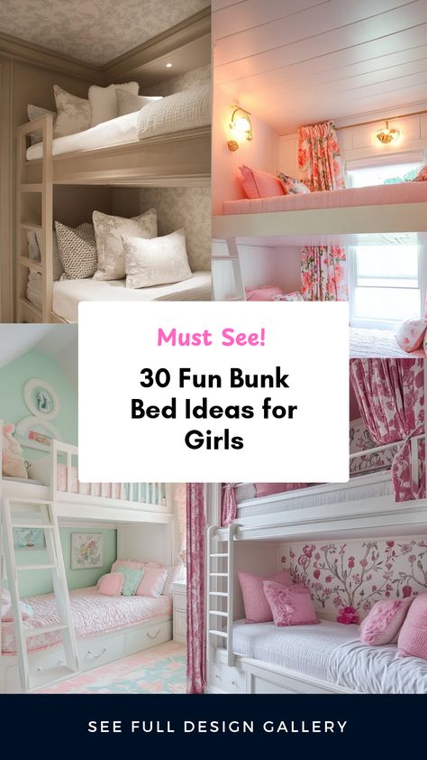 Looking for creative bunk bed ideas for girls? Discover 30 stylish and playful designs that will transform their bedroom into a dream space. From colorful themes to practical solutions and unique designs, each bunk bed idea combines fun and functionality. Explore various styles including space-saving options, cozy nook setups, and imaginative decor accents tailored for girls. Whether they love bright colors, fairy-tale fantasies or modern aesthetics, these inspirations will spark new decorating ideas. Dive into bunk beds that are just as much about adventure as they are comfort. Pre Teen Bunk Bed, Girl Bunk Bedroom Ideas, Rainbow Room Bunk Beds, Bunk Room Built In Beds, Girls Room Loft Bed Ideas, Bunk Bed With Desk Aesthetic, Curtains For Bunk Beds, Teen Girl Bunk Bed Rooms, Bunk Bed Accessories For Kids