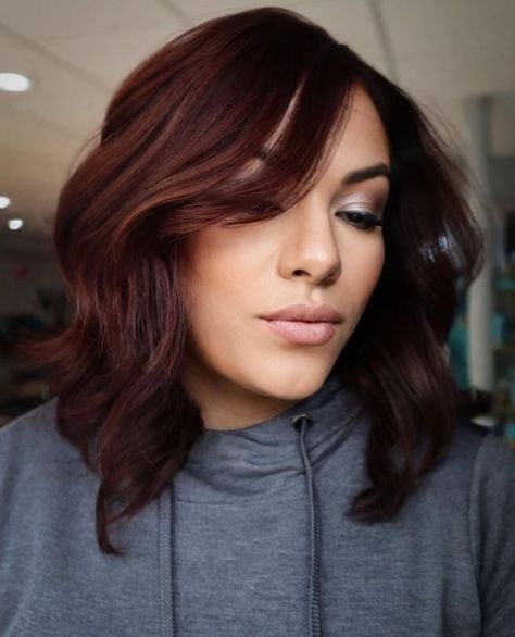 Dark Warm Burgundy Hair Color Burgundy Hair Colors, Dark Maroon Hair, Burgundy Hair With Highlights, Deep Burgundy Hair, Red Burgundy Hair Color, Brown Lob, Burgundy Red Hair, Dark Burgundy Hair, Burgundy Hair Dye