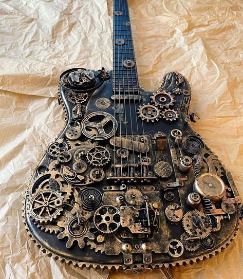 E Guitar Aesthetic, Aesthetic Steampunk, Steampunk Guitar, E Guitar, Steampunk Wall Art, Guitar Aesthetic, Art Guitar, Steampunk Wall, Instruments Art