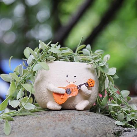 Ceramic Plant Pots Handmade, Air Dry Clay Flower Pots, Guitar Planter, Face Flower Pots, Ceramic Guitar, Cute Plant Pots, Cute Guitar, Plants Cute, Clay Plant