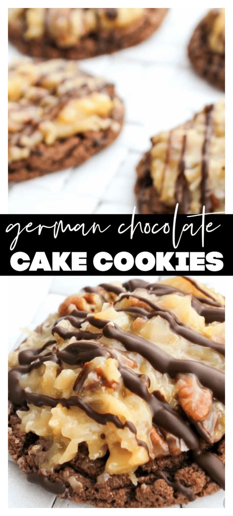 German Chocolate Cake Cookies German Chocolate Cookies Bars, Individual German Chocolate Cake, German Chocolate Cake Bars, German Chocolate Desserts Easy, Cookie Tin Cake, German Chocolate Pound Cake Recipes, Colossal Cookies, German Chocolate Cake Cookies, German Chocolate Cookies