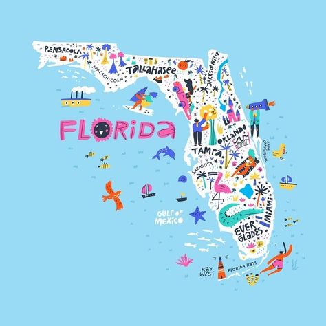 Seven Amazing Florida Locations to Spark Your Imagination and Wonder this Year Florida Wallpaper, Florida Vacation Spots, Beach Cartoon, Handwritten Lettering, City Names, Honeymoon Island, American City, Florida Sunshine, Hand Drawn Map