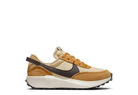 NIKE Womens Waffle Debut Sneaker - BROWN Tennis Shoes With Long Socks, Black And Gold Tennis Shoes, Brown Vans Outfit Womens Fashion, Nothing New Shoes, Fall Outfit With Sneakers Women, Fall Sneakers 2024 Women, Casual Fall Outfits With Tennis Shoes, Women’s Tennis Shoes Fall 2024, Fall 2024 Sneaker Trends Women