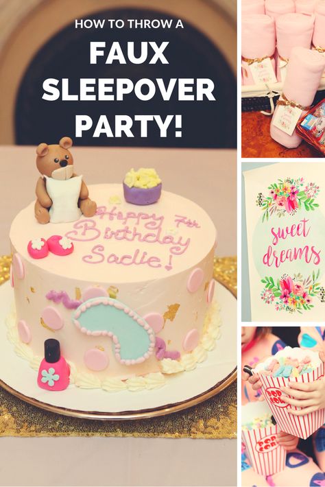 TheSparklyLife.com brings you fun, creative ideas for throwing your own FAUX sleepover party (a.k.a. a "sleepunder"). Your little girl will love it! Sleepover Cake, Sleepover Birthday Party, Girls Sleepover Party, Slumber Party Birthday, Sleepover Birthday, Sleepover Birthday Parties, Happy Birthday Bunting, Girl Sleepover, Kids Party Food