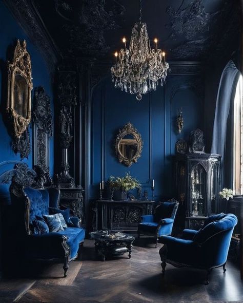 My Gothic home, the way we love it 💜🖤 | 🖤💙🖤💙🖤💙🖤 | Facebook Unusual Rooms, Blue Victorian House, Dark Stairs, Dark Blue Rooms, Gothic Interior Design, Dark And Moody Interiors, Dark Academia Home, Mansion Aesthetic, Victorian Room