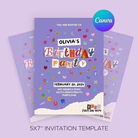 Olivia Rodrigo Sour Inspired Birthday Party Invitation in Purple Y2K Aesthetic. Create your custom invite with. #y2kvintage #fontlove #retrofonts #nostalgicdesign #throwbacktype Olivia Rodrigo Birthday Invitation, Purple Y2k Aesthetic, Long Names, Happy Birthday Font, Invitation Layout, Olivia Rodrigo Sour, Purple Y2k, Funny Day Quotes, Aesthetic Birthday