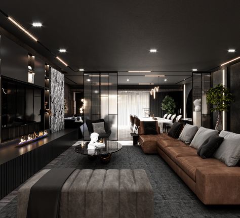 PENTHOUSE IN DARK MOOD on Behance Dark Modern Living Room, Small Penthouse, Penthouse Living Room, Luxury Apartments Interior, Penthouse Interior, Penthouse Design, Penthouse Living, Living Room Wall Designs, Dark Living Rooms