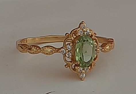 Wedding Rings Gorgeous, November Birthstone Ring Vintage, 70s Engagement Rings, Ornate Engagement Rings Vintage Style, Engagement Ring Crystal Stones, Peridot And Diamond Ring, Sapphire And Peridot Ring, May Birthstone Ring, Light Green Stone Ring