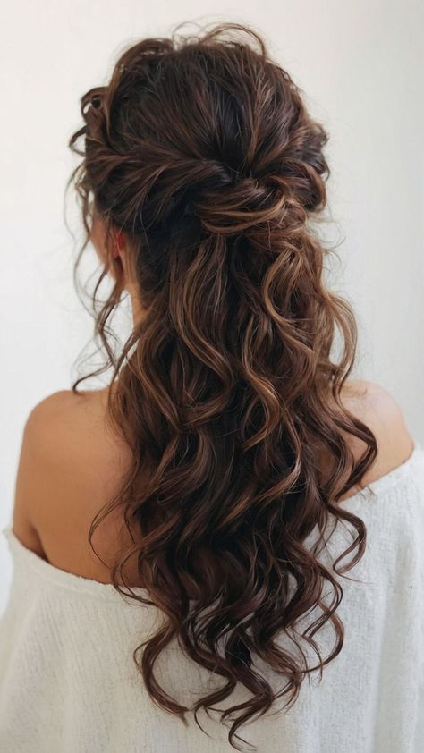 cute work hairstyles easy updo curly hair Half Curly Updo, Curly Braided Half Up Half Down, Hairstyles For Semi Curly Hair, Curly Hair Styles Half Up, Half Updo Curly Hair, Long Curly Hairstyles For Wedding, Bridal Curly Hairstyles, Formal Curly Hair, Wedding Curly Hairstyles