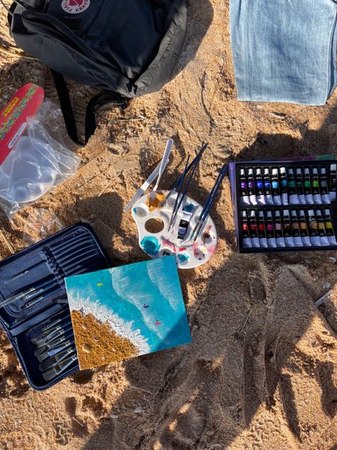 acrylic painting beach surf shells Aesthetic Beach Painting Ideas, Aesthetic Beach Drawing, Painting By The Beach Aesthetic, Sand Drawing Beach Aesthetic, Beach Setup, Painting At The Beach With Friends, Sea Artwork, Painting Beach, Beach Surf