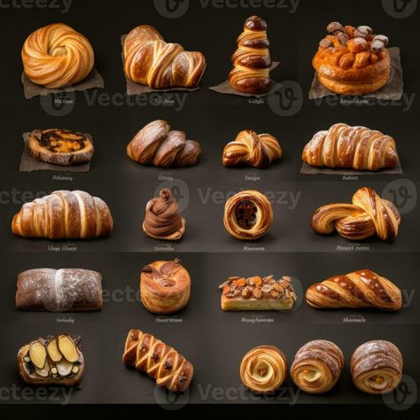 Collage of various types of buns and croissants Types Of Croissants, Different Croissant Shapes, Pastry Types, Crosaint Recipes, Bread Wallpaper, Perfect Burger Recipe, Croissant Design, Crossant Recipes, Bakery Pastries