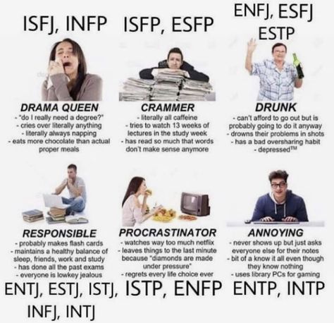 I’m definitely a crammer... 😪 Entp Sexuality, Meyers Briggs Personality Test, Accurate Personality Test, Mbti Charts, Istp Personality, Intj And Infj, Infj Mbti, Mbti Types, Mbti Memes