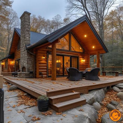 Log Cabin Living Log Cabin Deck Ideas, Log Cabin Landscape, Log Cabin Addition, Cabin Deck Ideas, Log Cabin Loft, Rustic Small Cabin, Log Cabin Homes Exterior, Log Cabin Mansions, Hangout Place