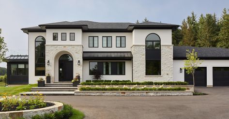 Innisfil Mediterranean Estate | Modern Luxury Home Design Innisfil Moderterrainian Home, Modern Mediterranean Homes Exterior, Transitional Exterior Home Design, Transitional Exterior Home, Luxury Mediterranean Homes, John 20, Modern Brick House, Modern Luxury Home, Dream House Mansions