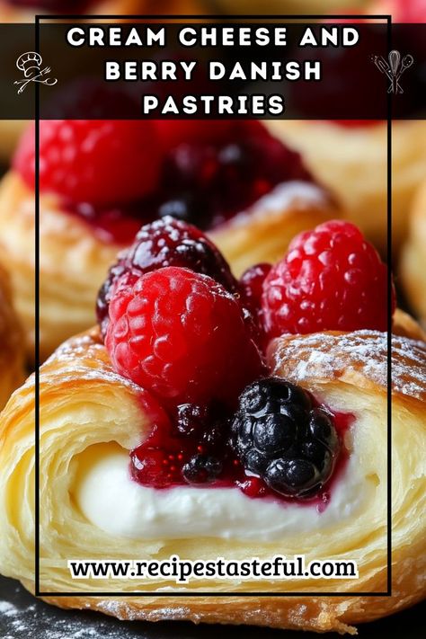 Delight in these flaky and delicious Danish pastries filled with creamy cheese and sweet berry preserves, perfect for brunch or a delightful dessert. Berry Danish Puff Pastry, Cheese Danish Filling, Danish Filling, Berry Danish, Puff Pastry Danish, Fruit Danish, Danish Puff, Pastry Danish, Raspberry Danish