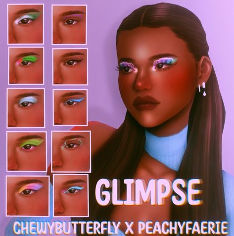 Glimpse collection / chewybutterfly x peachyfaerie Sims 4 Tattoos, The Sims 4 Skin, Makeup Cc, The Sims 4 Packs, Sims 4 Mm Cc, Eyeshadow Set, Sims 4 Cc Makeup, Sims 4 Cc Folder, Sims 4 Characters