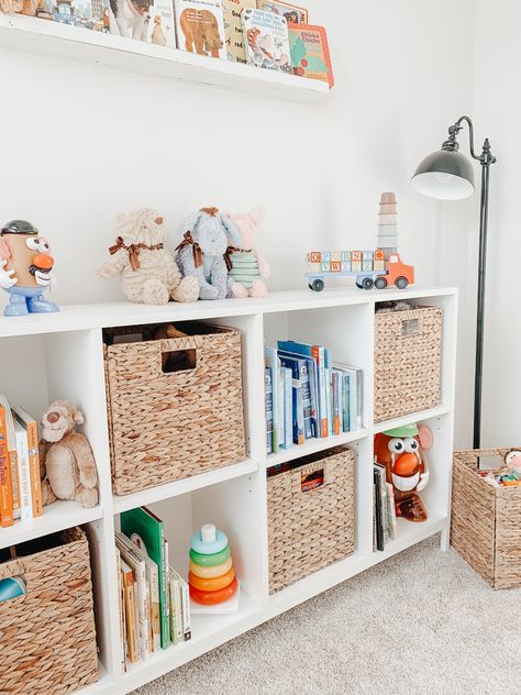 9 Cube Organizer Ideas Nursery, Billy Bookshelf Home Office, Nursery Toys Storage, Toy Corner In Living Room Small Spaces, Cube Storage In Nursery, Cube Storage Toddler Room, Toddler Room Shelves, Cube Storage Ideas Nursery, Vintage Disney Playroom