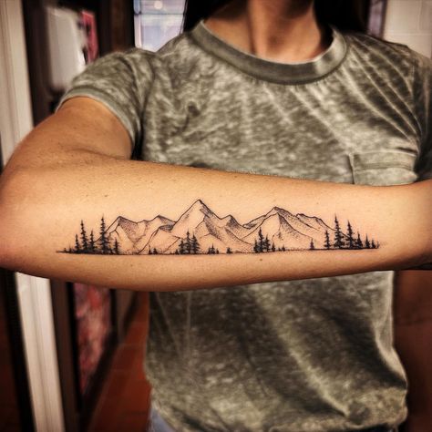 Moutain Tattoos, Mountain Tattoo Ideas, Small Mountain Tattoo, Berg Tattoo, Tree Silhouette Tattoo, Outdoor Tattoo, Mountain Range Tattoo, Cuff Tattoo, Mountain Tattoo Design