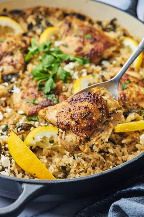 One Pan Greek Chicken and Rice | Olive & Mango One Pot Greek Chicken And Rice, One Pan Greek Chicken, Greek Chicken And Rice, One Pot Chicken And Rice, Spinach Rice, One Pan Chicken, Lunch Appetizers, Chicken With Olives, One Pot Chicken