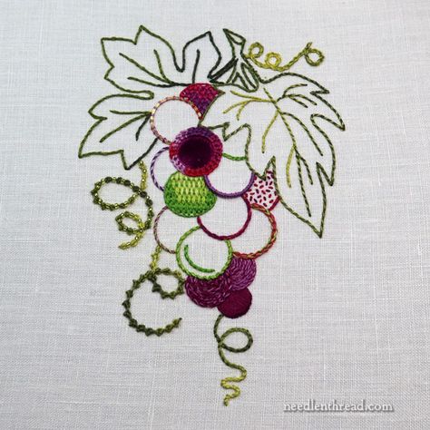 Today, I thought we could take a very general look at the finished bunch of grapes from the "How to Embroider Grapes" series that was moving along just swimmingly until cataract surgery and recovery upset the schedule. Fortunately, the grapes were finished before the surgeries took place. Unfortu Bordado Jacobean, Embroidery Napkins, French Knot Stitch, Learning To Embroider, Hand Embroidery Projects, Grape Bunch, Types Of Embroidery, French Knot, Embroidery Needles