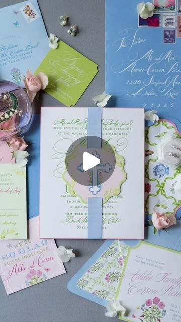 Alyssa Reeves Graphic Designer 💍 Weddings 🎂 Events 🥳 Parties on Instagram: "All custom everything for this colorful summer wedding invitation suite 💐 My favorite part? The watercolor artwork showcasing this couple’s favorite things 🎣 📖 used for the envelope liner and band backdrop! Planning: @weddingsalacarte Calligraphy: @tarajonescalligraphy Florals: @gardengate_dallas Photography: @sarahsloverbrown Venue: @brook_hollow_golf_club Entertainment: @emeraldcityband Rentals & Decor: @percheventdecor #custominvite #custominvitationdesigner #luxurywedding #dreamdesigndelight #diecut #dallaswedding #envelopelinerdesigns #floraldesign #texaswedding #weddinginvitations #invitationsuite #invitationinspiration #moderninvitations #invitationinspo #weddinginspo #weddingpaper #pastelgardenpar Band Backdrop, Wedding Graphic Design, Colorful Summer Wedding, Dallas Photography, Summer Wedding Invitations, Summer Wedding Colors, Envelope Liner, Event Branding, Invitation Inspiration