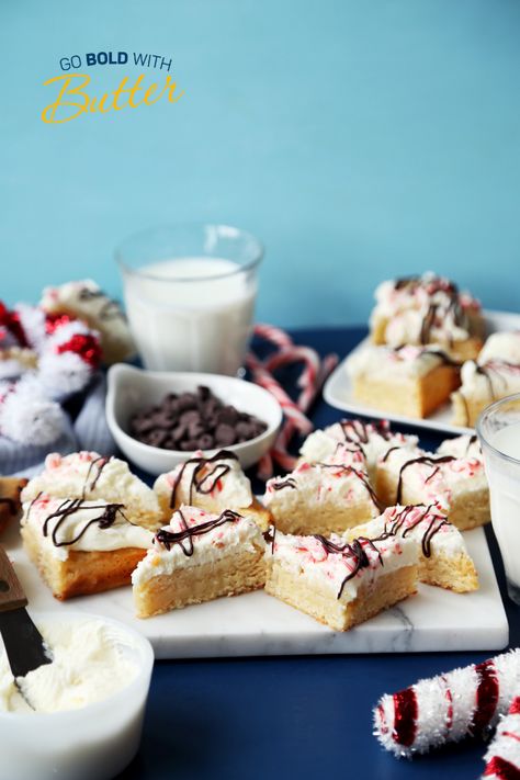 Peppermint is the star of the show in these Candy Cane White Chocolate Bars. A dense cookie bar base is topped with a creamy white chocolate frosting. Adding crushed candy cane and a drizzle of dark chocolate completes this dairy-filled dessert. These festive bars took home the Undeniably Dairy prize in our 2018 Holiday Cookie Recipe Contest. Undeniably Dairy, White Chocolate Bars, Crushed Candy Cane, Chocolate Bar Recipe, White Chocolate Frosting, Xmas Baking, Blondie Bar, Blackberry Syrup, White Chocolate Bar