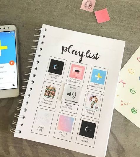 K Pop Notebook Ideas, K Pop Scrapbook Ideas, K Pop Scrapbook, Spotify Playlist Drawing, K Pop Journal Ideas, K Pop Drawings, K Pop Playlist, K Pop Journal, Creating A Bullet Journal