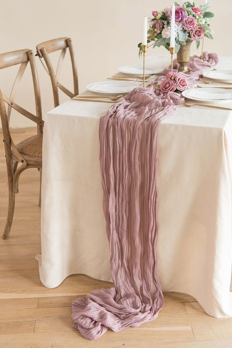 Rustic Gauze Cheesecloth Table Runner 30"w x 10FT - Mauve Mauve Table Runner, Pink Table Runner Wedding, Blush Table Runner, Wedding Fabrics, Linen Table Runners, Cheesecloth Table Runner, Tulle Table, Table Rose, Bridal Shower Inspo